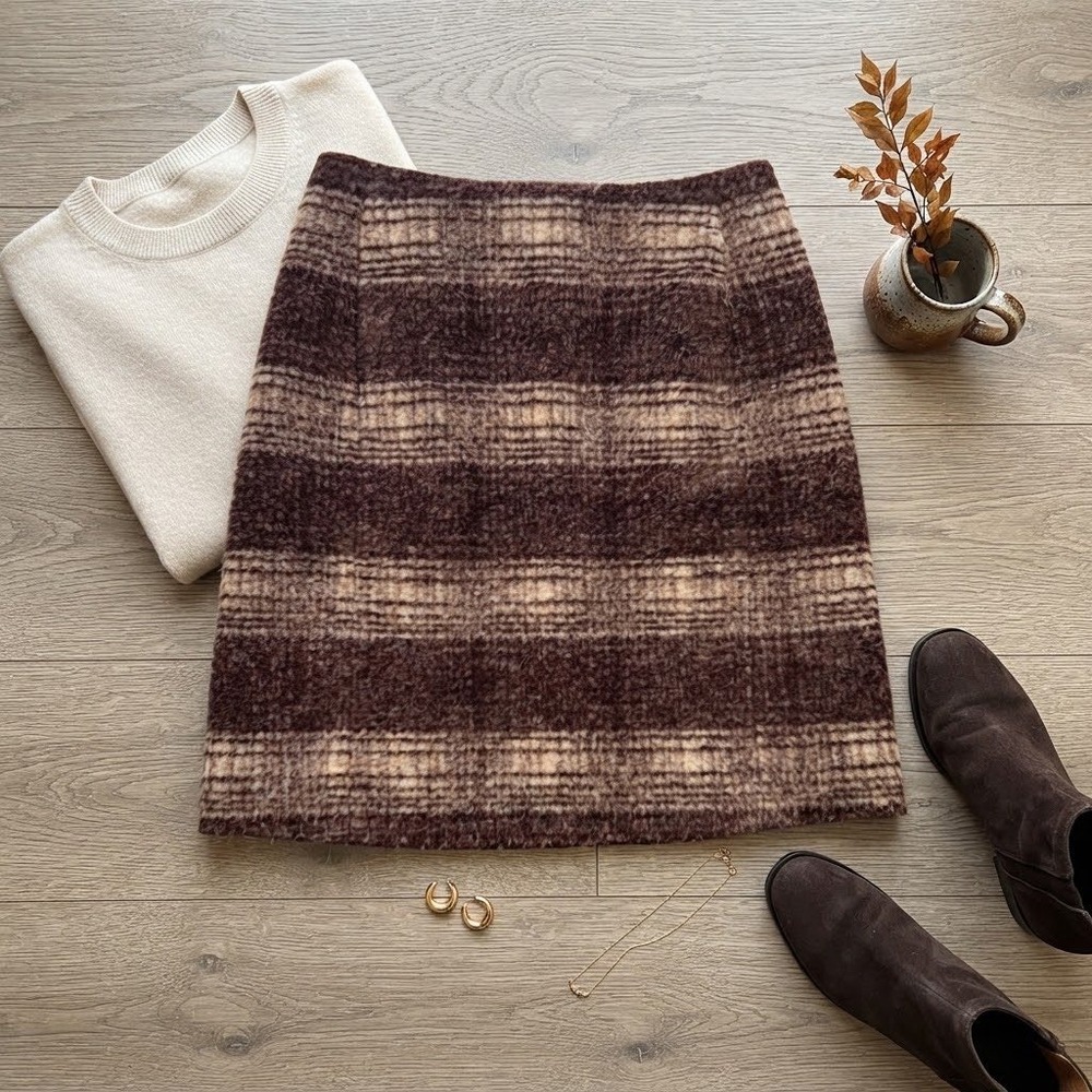 Uniqlo Brown Plaid Wool Blend Boucle Mini Skirt XS 222-429216